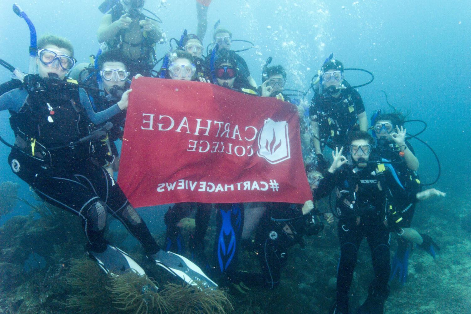 学生们手持<a href='http://d3qk.chathams.net'>bv伟德ios下载</a>旗帜，在j学期洪都拉斯游学之旅中潜水.